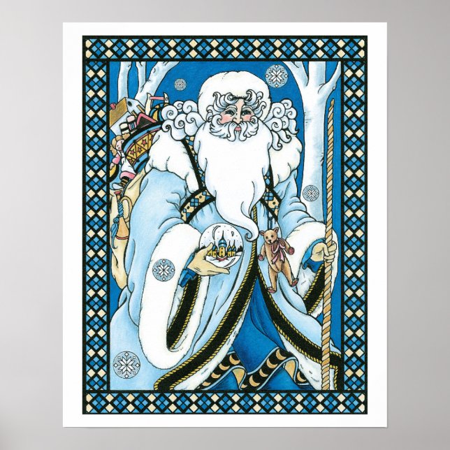 Poster Natais vintages, Papai Noel Azul com neve (Frente)