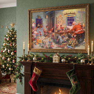 Poster Natais vintages, Papai Noel com o Workshop Elves