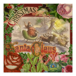 Pôster natais vintages Papai Noel em Victorian Sleigh