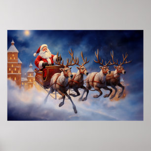 Poster Natais vintages Papai Noel voando em Sleigh