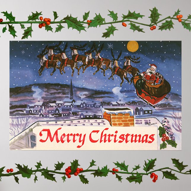 Pôster Natais vintages Papai Noel Voando Sua Altura (Criador carregado)