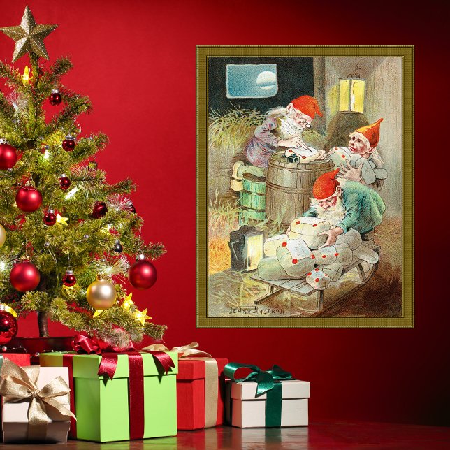 Poster Natais vintages Santa Claus Elf Gnomos Gifes (Vintage Father Christmas Santa Claus Elf Gnome Gifts Poster by Swedish Foklore Artist Jenny Nystrom)