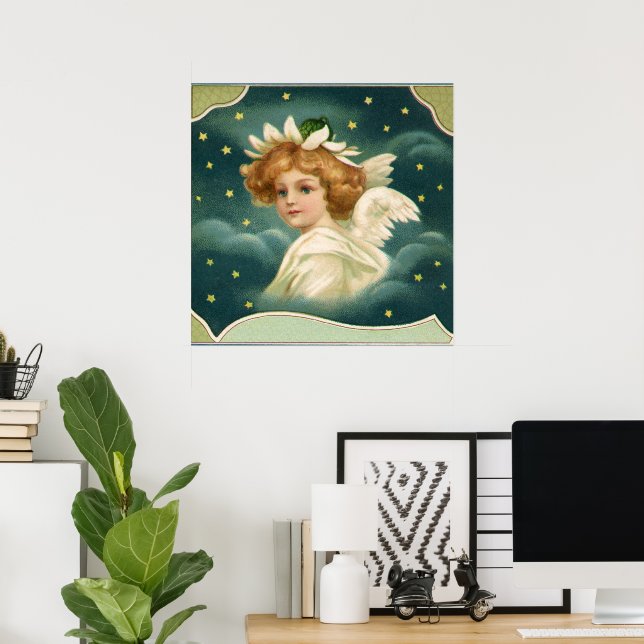 Poster Natal Antigo, Anjo Vitoriano com Estrelas Douradas (Escritório em casa)
