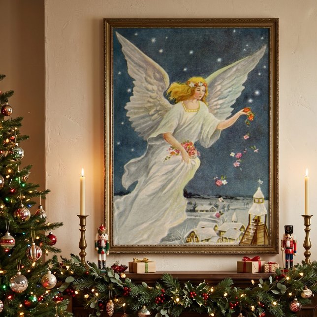 Pôster Natal Antigo Anjo Vitoriano com Estrelas Rosas (Vintage illustration religious Christmas image featuring a Victorian angel sprinkling flower petals.)