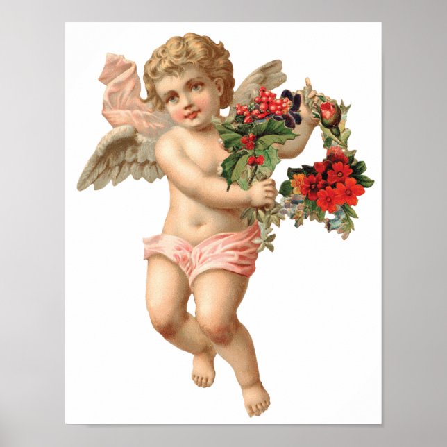 Pôster Natal Antigo, Anjo Vitoriano com Grinalda Floral (Frente)