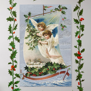 Poster Natal Antigo, Anjos Vitorianos em um Barco à Vela