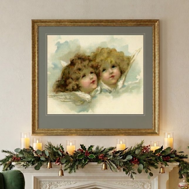 Pôster Natal Antigo, Anjos Vitorianos nas Nuvens (Vintage illustration religious Christmas angels image featuring Victorian cherubs in the clouds. )