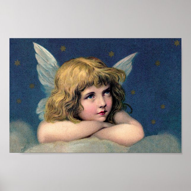 Poster Natal Antigo, Belo Anjo com Estrelas Douradas (Frente)