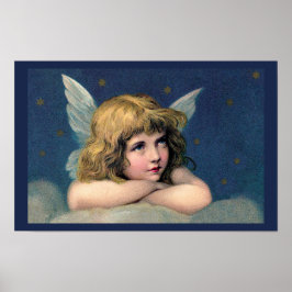 Poster Natal Antigo, Belo Anjo com Estrelas Douradas