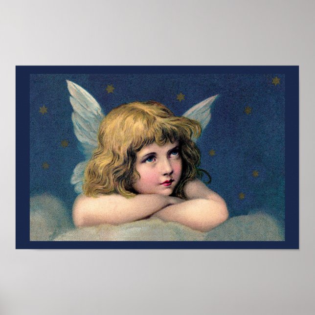 Poster Natal Antigo, Belo Anjo com Estrelas Douradas (Frente)