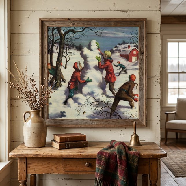 Pôster Natal Antigo, Crianças Brigando com Bolas de Neve (Vintage illustration Christmas design featuring children building a snowman and a snowball fight. )