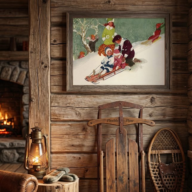 Pôster Natal Antigo, Crianças Deslizando no Trono na Neve (Vintage illustration Christmas image with children playing in the snow on a sled.)