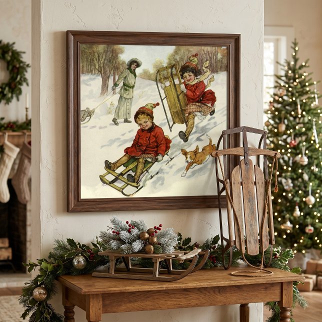 Pôster Natal Antigo, Crianças Vitorianas Deslizando com C (Vintage illustration featuring children and a dog sledding down a snow covered hill on Christmas Day)
