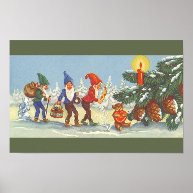 Poster Natal Antigo, Elfos na Floresta de Neve de Inverno (Frente)