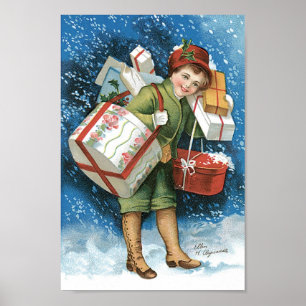 Pôster Natal Antigo, Menina com Presentes na Neve de Inve