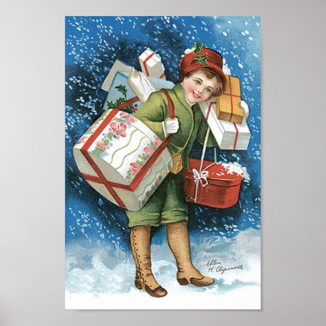 Pôster Natal Antigo, Menina com Presentes na Neve de Inve (Frente)