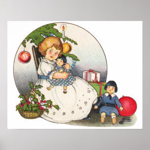 Poster Natal Antigo, Menina Feliz Brincando com Bonecas