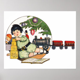Pôster Natal Antigo, Menino Feliz Brincando com Brinquedo