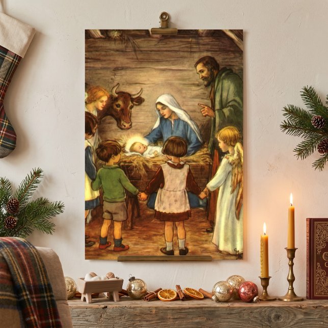 Pôster Natal Antigo, Natal Religioso com o Menino Jesus (Vintage illustration religious Christmas image featuring a classic nativity scene in the manger.)