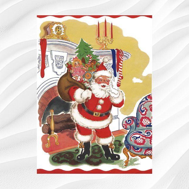 Poster Natal Antigo, Papai Noel Alegre com Presentes (Vintage illustration Christmas design featuring Santa Claus from "Twas the Night Before Christmas.")