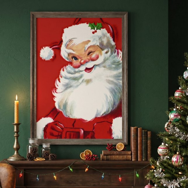 Poster Natal Antigo, Papai Noel Alegre Piscando (Vintage illustration Christmas design featuring a happy, jolly Santa Claus wearing a hat and winking)