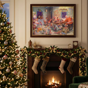 Poster Natal Antigo, Papai Noel com Oficina de Elfos
