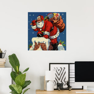 Pôster Natal Antigo, Papai Noel Descendo a Chaminé com Br