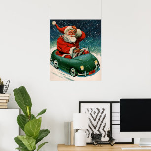Poster Natal Antigo, Papai Noel em um Carro Fofo