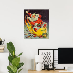 Poster Natal Antigo, Papai Noel em uma Espaçonave