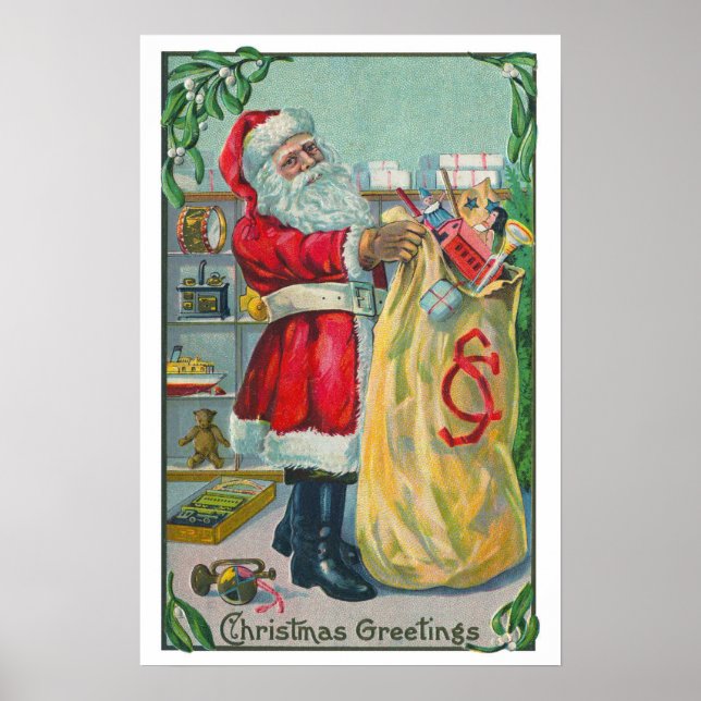 Poster Natal Antigo, Papai Noel Vitoriano com Brinquedos (Frente)