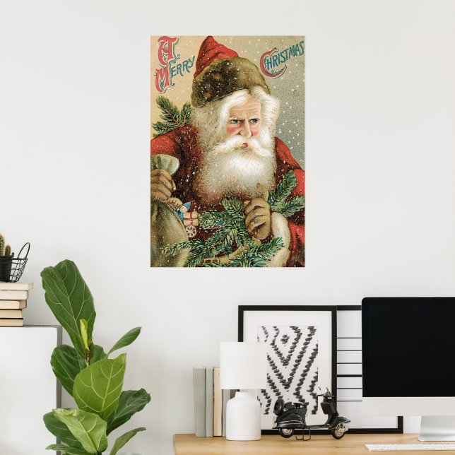 Poster Natal Antigo, Papai Noel Vitoriano com Pinheiro (Escritório em casa)