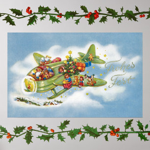 Poster Natal Antigo, Papai Noel Voando em um Avião