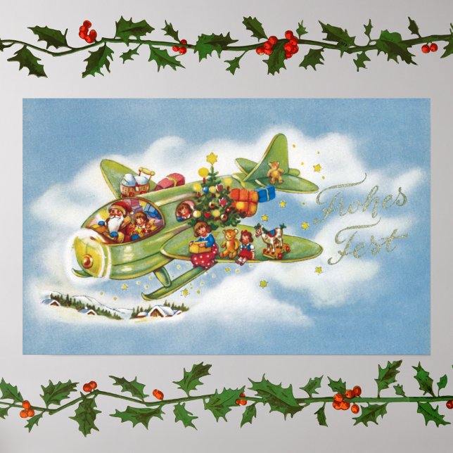 Poster Natal Antigo, Papai Noel Voando em um Avião (Criador carregado)