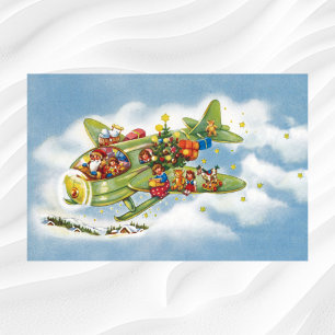 Pôster Natal Antigo, Papai Noel Voando um Avião