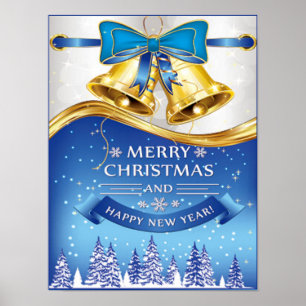 Poster Natal Bels dourado bonito com arco azul