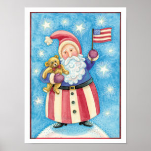 Pôster Natal bonito, Papai Noel Patriótico com Bandeira