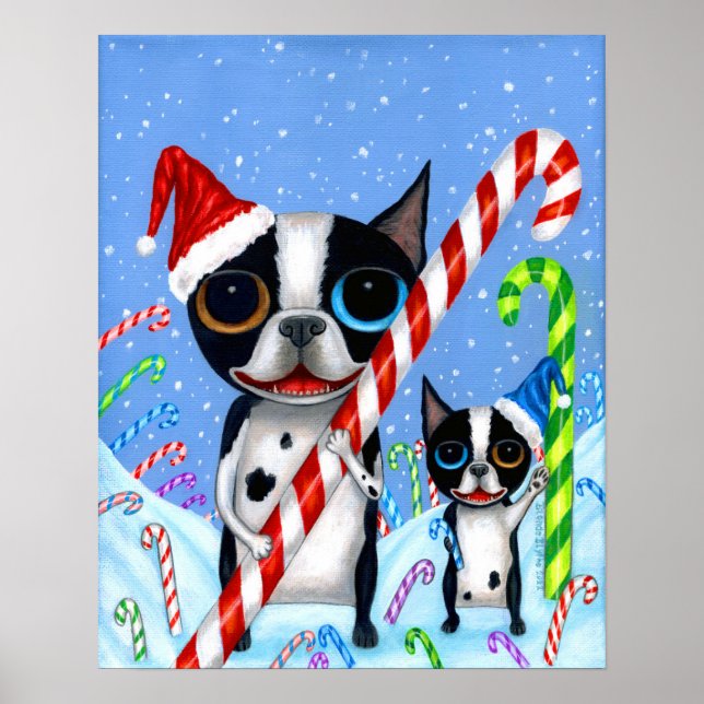 Poster Natal Boston Terrier Cogs Candy Cane Santa Hat (Frente)