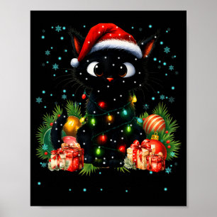 Poster Natal Branco Preto Gatinho Fofo Chapéu de Papai No