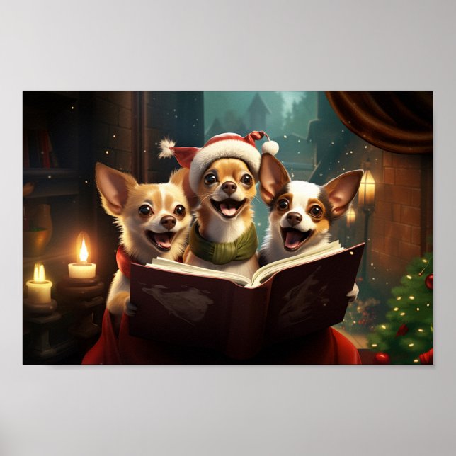 Poster Natal Chihuahuas Caroling Férias Festivas (Frente)