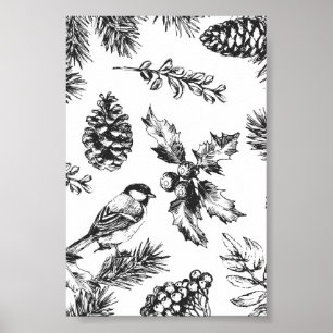 Poster Natal com padrão de pássaro e pinha vintage