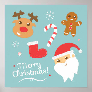 Pôster Natal com Papai Noel, Rena, Homem de Biscoito