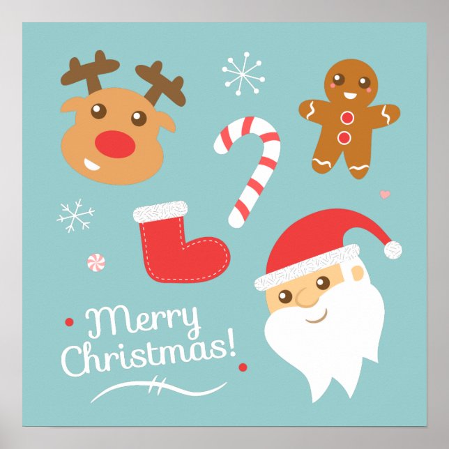 Pôster Natal com Papai Noel, Rena, Homem de Biscoito (Frente)