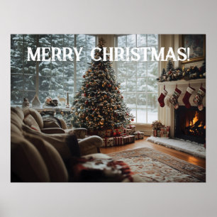 Poster Natal da Sala de Louça, Lareira, Árvore e Meias