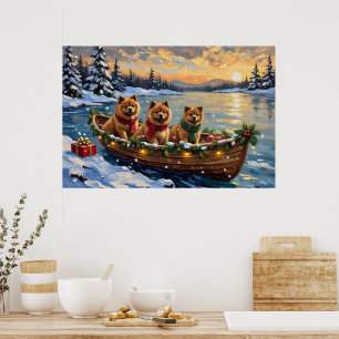 Poster Natal de barco de Chow Chow nas festas