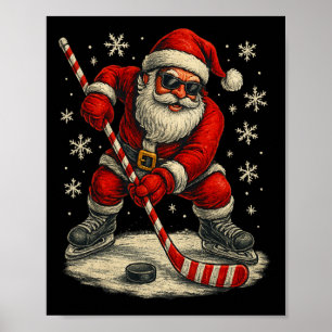 Poster Natal de Hockey Engraçado Papai Noel Jogando Hóque