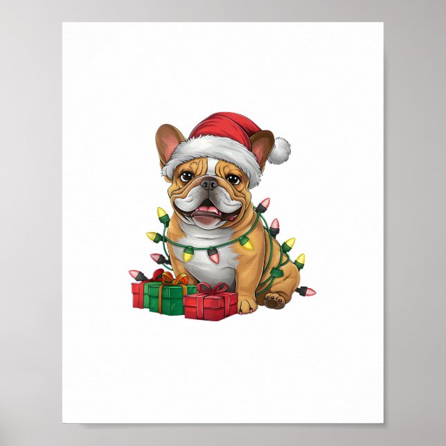Poster Natal do Cachorro Francês Santa Hat - Luz do Natal (Frente)