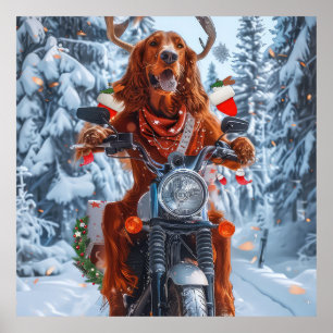 Poster Natal do Cão Vermelho Irlandês a Andar a Moto