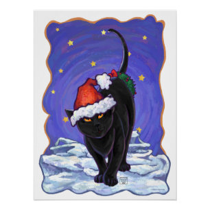 Pôster Natal do gato preto de noite estrelado