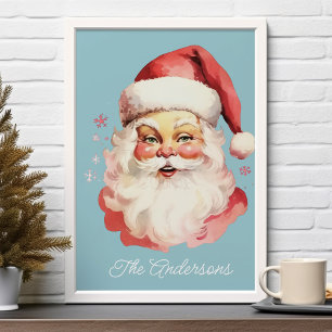 Poster Natal em Família do Papai Noel Vintage Azul Retro