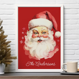 Poster Natal em Família Papai Noel Vintage Retro Vermelho